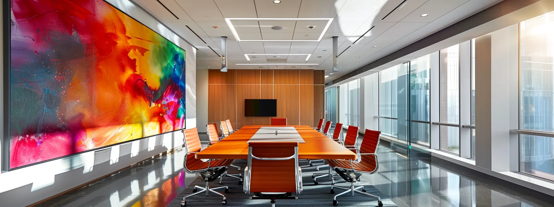 a sleek, modern office space with vibrant abstract artwork on the walls, illuminated by dynamic overhead lighting that casts striking shadows across a polished conference table filled with high-tech devices, exuding an atmosphere of innovation and collaboration.