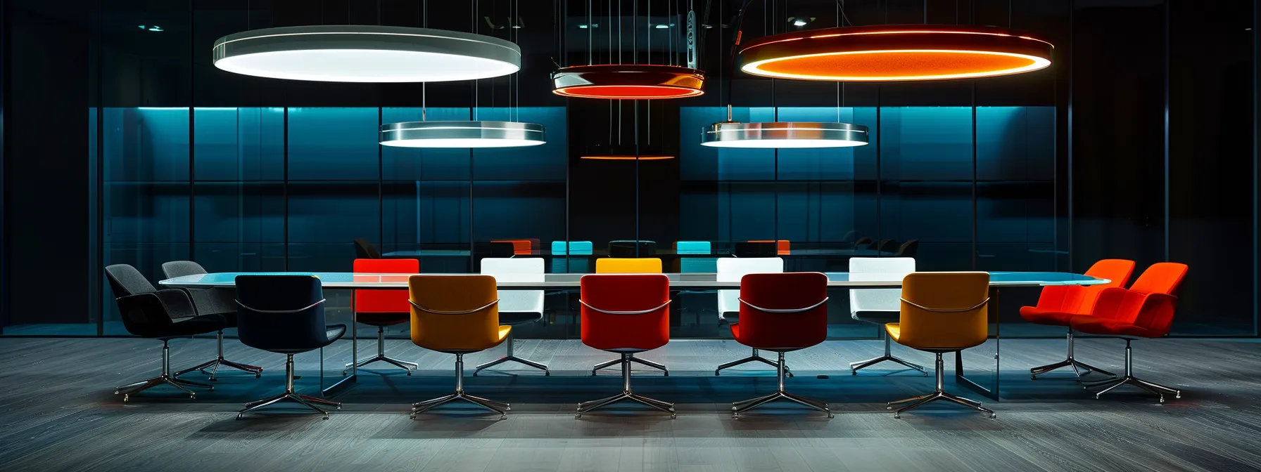 a sleek, modern office space features a prominent glass conference table surrounded by bold, colorful chairs, illuminated by sophisticated pendant lights casting a dynamic ambiance, highlighting the collaborative spirit of a corporate meeting.