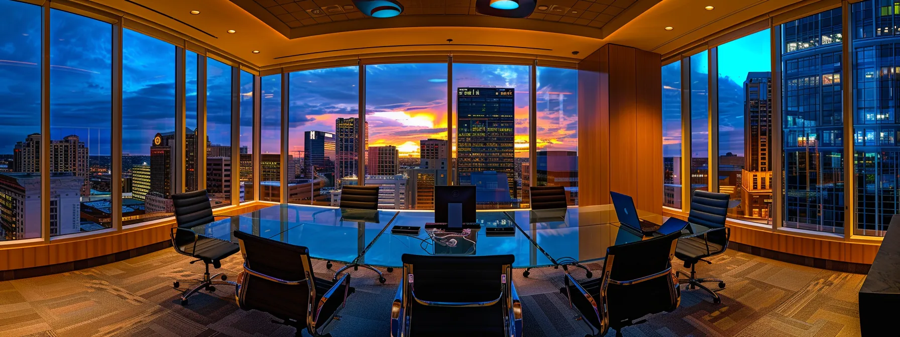 a sleek, modern office space features a vibrant skyline visible through large windows, with a central glass conference table surrounded by ergonomic chairs, illuminated by cool, artificial lighting that enhances the dynamic atmosphere of a bustling work environment.