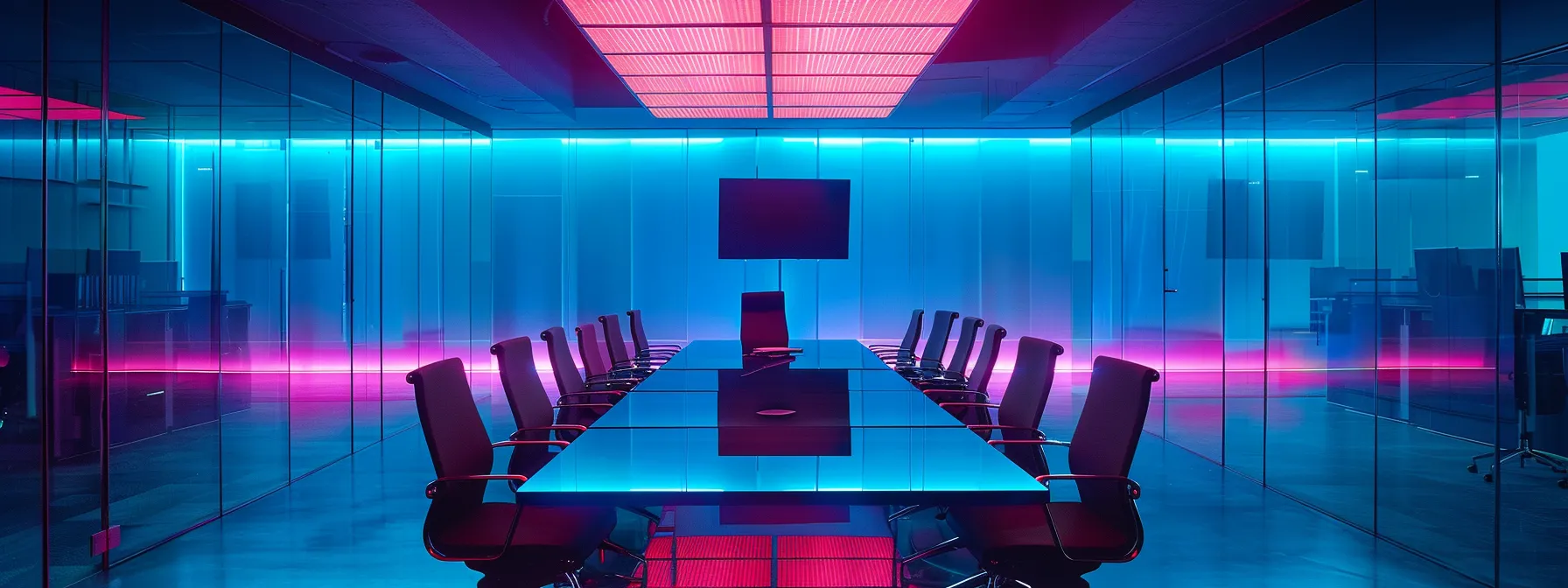 a sleek, modern office space with minimalist design, featuring a large glass conference table surrounded by ergonomic chairs, illuminated by vibrant overhead lighting that emphasizes productivity and collaboration.