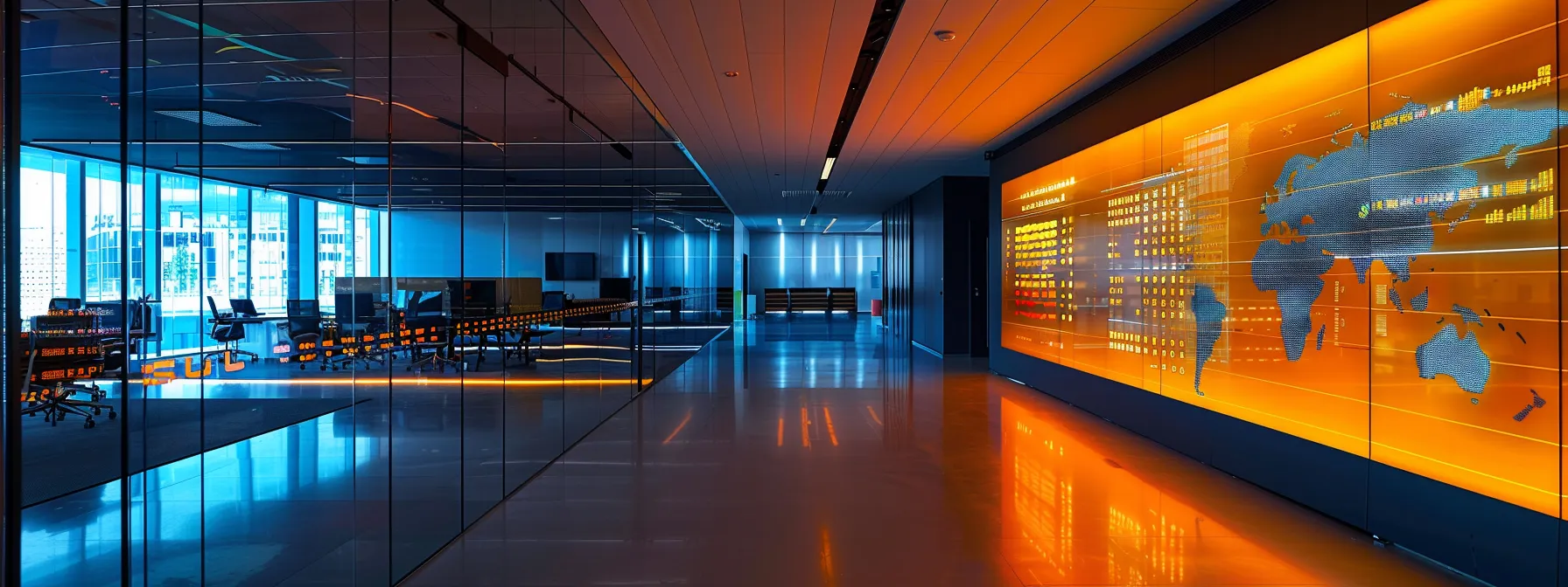 a sleek, modern office space features a vibrant digital display showcasing dynamic data analytics, illuminated by cool, artificial lighting that emphasizes the innovative and high-tech atmosphere.