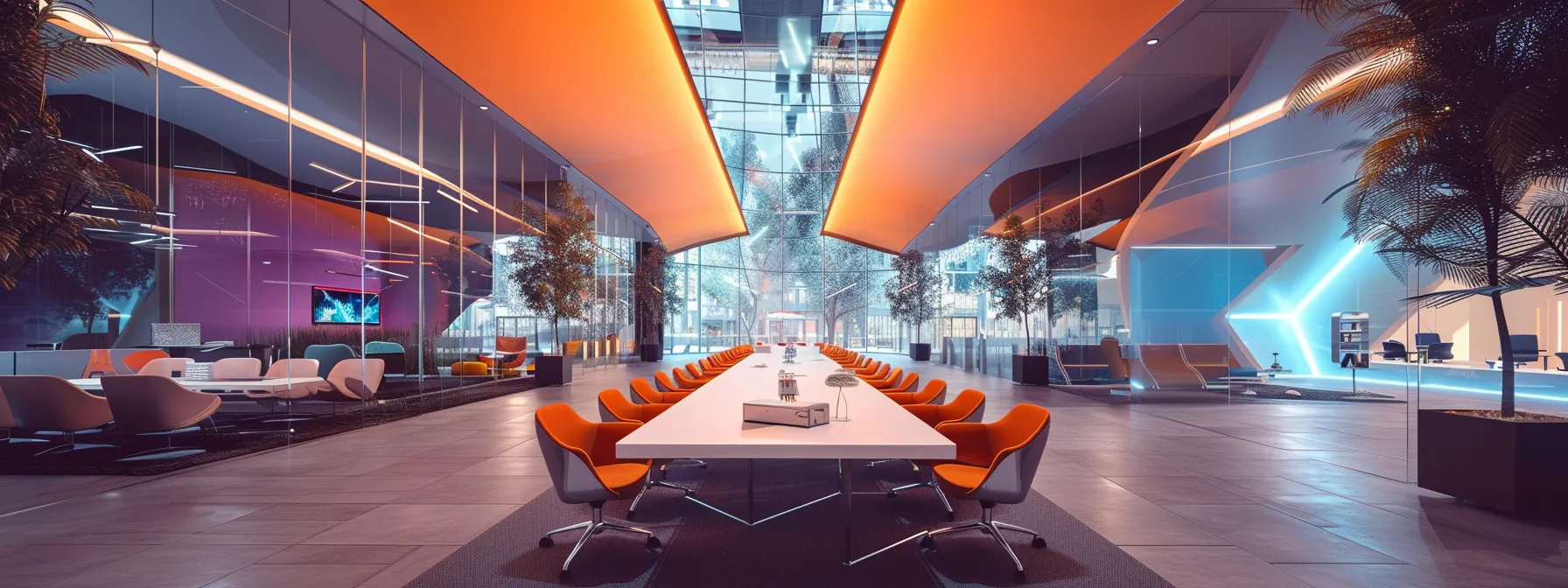 a sleek, modern office space features a large conference table surrounded by vibrant, high-backed chairs, illuminated by bold overhead lighting that emphasizes the collaborative energy of a team engaged in a dynamic brainstorming session.