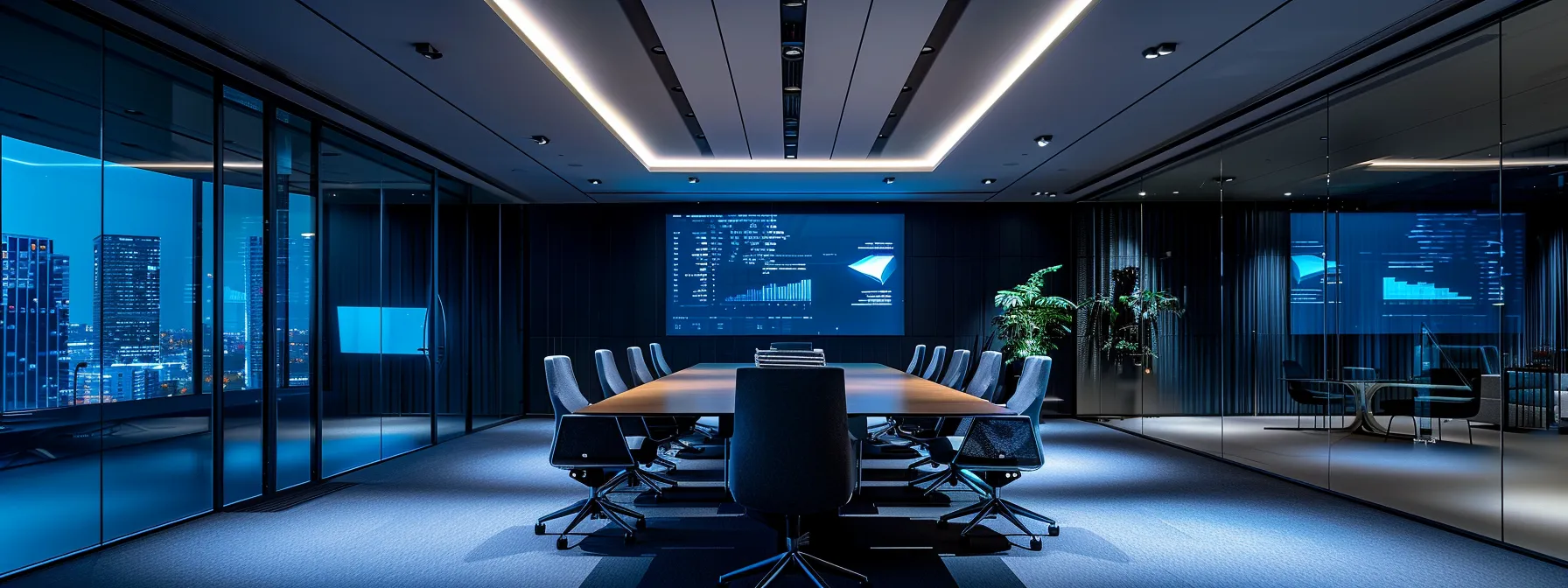 a sleek, modern office space is illuminated by warm artificial lighting, featuring a polished conference table surrounded by high-backed chairs, and a large screen displaying vibrant data visualizations, creating an atmosphere of collaboration and innovation.