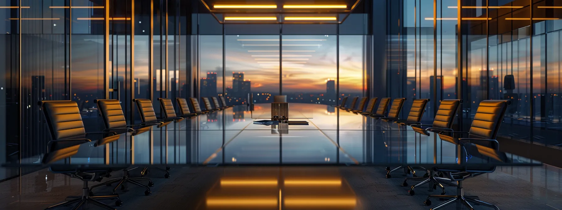 a sleek, modern office space features a large glass conference table surrounded by high-backed ergonomic chairs, illuminated by ambient led lighting that casts a welcoming glow, emphasizing a sense of collaboration and innovation.