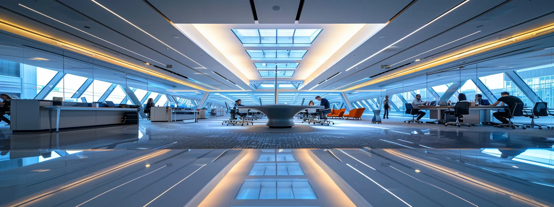a sleek, modern office space filled with vibrant, collaborative energy, showcasing diverse professionals engaged in dynamic brainstorming sessions around a glass table illuminated by striking overhead lighting.