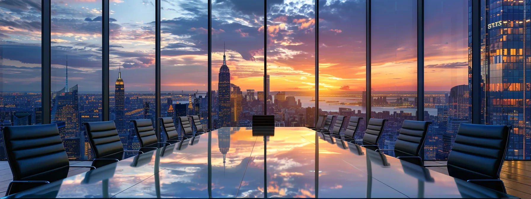 What Is Ballerina Language? Overview of Its Advantages 12 a sleek, modern office space features a large, polished conference table surrounded by high-backed ergonomic chairs, with large windows showcasing a breathtaking city skyline illuminated by the warm glow of sunset.