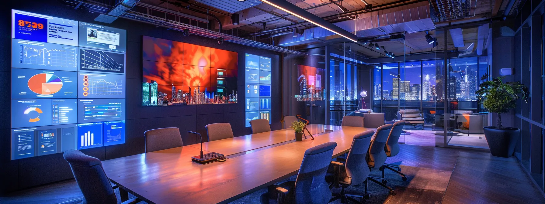 a sleek, modern office space filled with vibrant digital screens, showcasing intricate data analytics on a glossy conference table under sharp, focused artificial lighting.