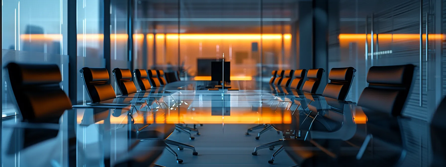 What Is Business Sustainability and Its Importance? 10 a sleek, modern office space features a large glass conference table surrounded by contemporary ergonomic chairs, illuminated by warm overhead lighting, conveying an atmosphere of collaboration and innovation.