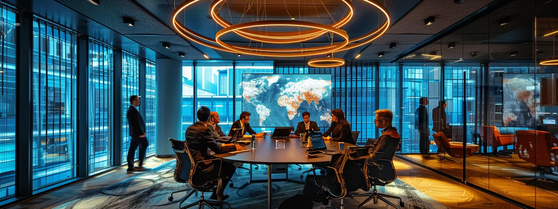 a sleek, modern office space is illuminated by vibrant overhead lights, showcasing a diverse team engaged in animated discussion around a digital presentation on a large screen.