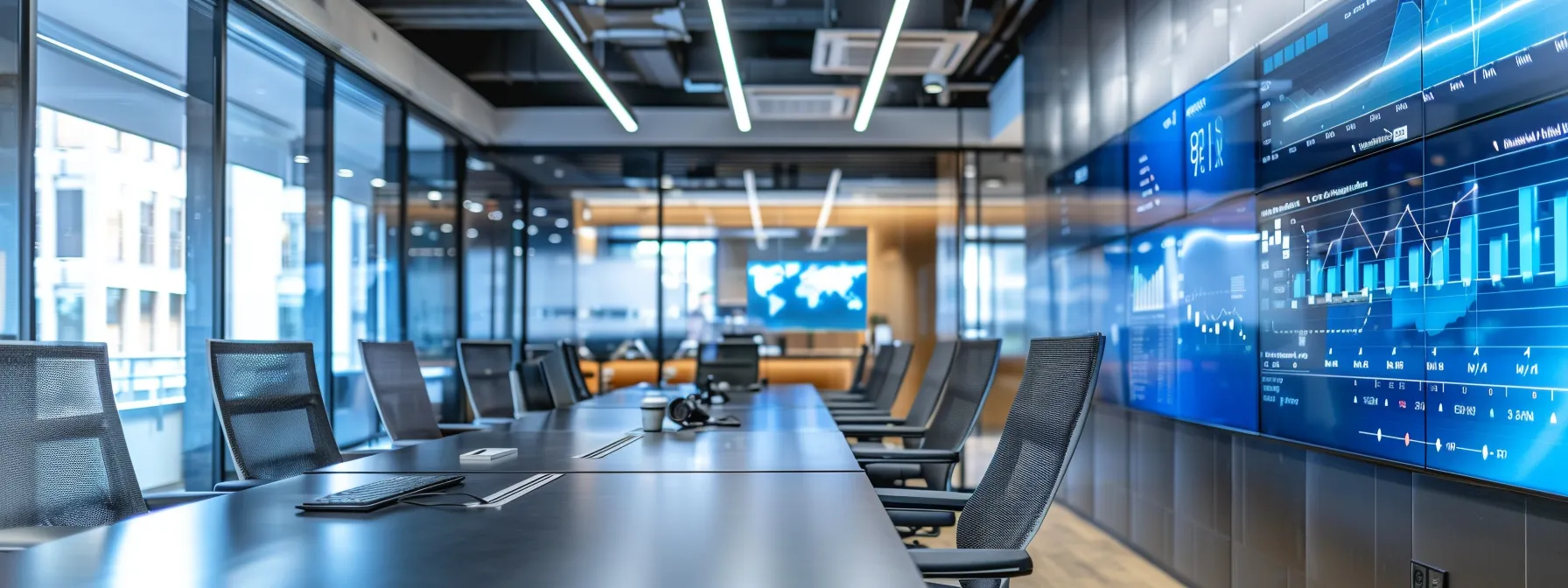 a sleek, modern office space resonates with innovation, featuring vibrant digital screens displaying dynamic data analytics and a stylish conference table surrounded by high-tech devices, illuminated by sharp, ambient lighting.