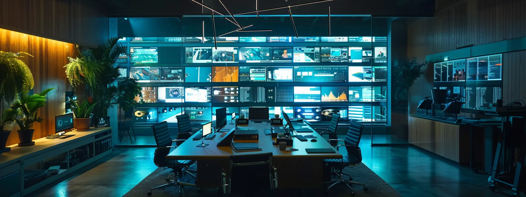 a sleek, modern office space is illuminated by soft, ambient lighting, showcasing a central conference table surrounded by innovative tech gadgets and vibrant digital screens displaying collaborative designs.