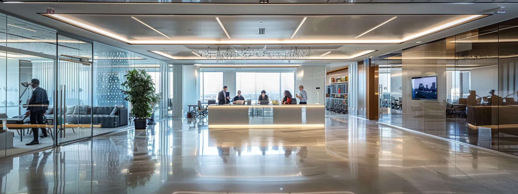 a sleek, modern office space showcases a diverse group of professionals engaged in a dynamic brainstorming session, illuminated by bright overhead lights reflecting off polished glass surfaces.