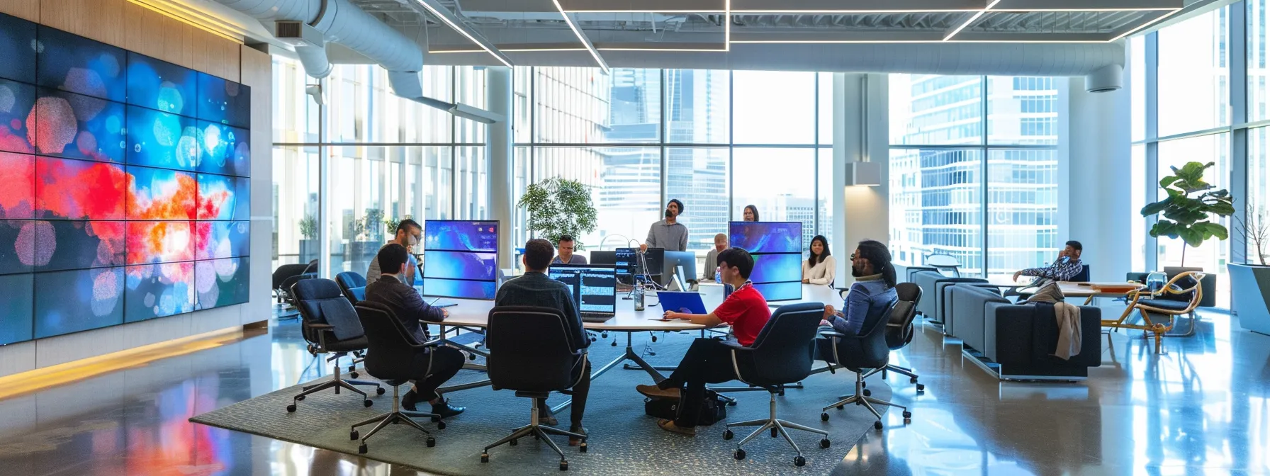 What Is Business Sustainability and Its Importance? 9 a sleek, modern office space showcases a diverse team of professionals engaged in a dynamic brainstorming session, with large screens displaying vibrant data visuals and an energizing atmosphere accentuated by bold design elements.