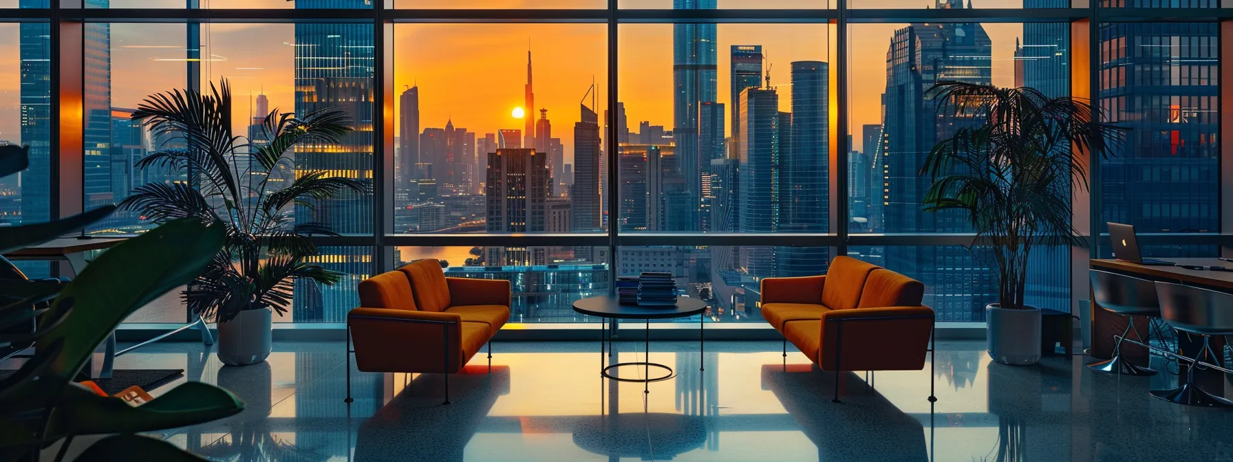 a sleek, modern office space featuring a panoramic city skyline through floor-to-ceiling windows, illuminated by warm, ambient lighting that highlights polished furniture and vibrant decor.