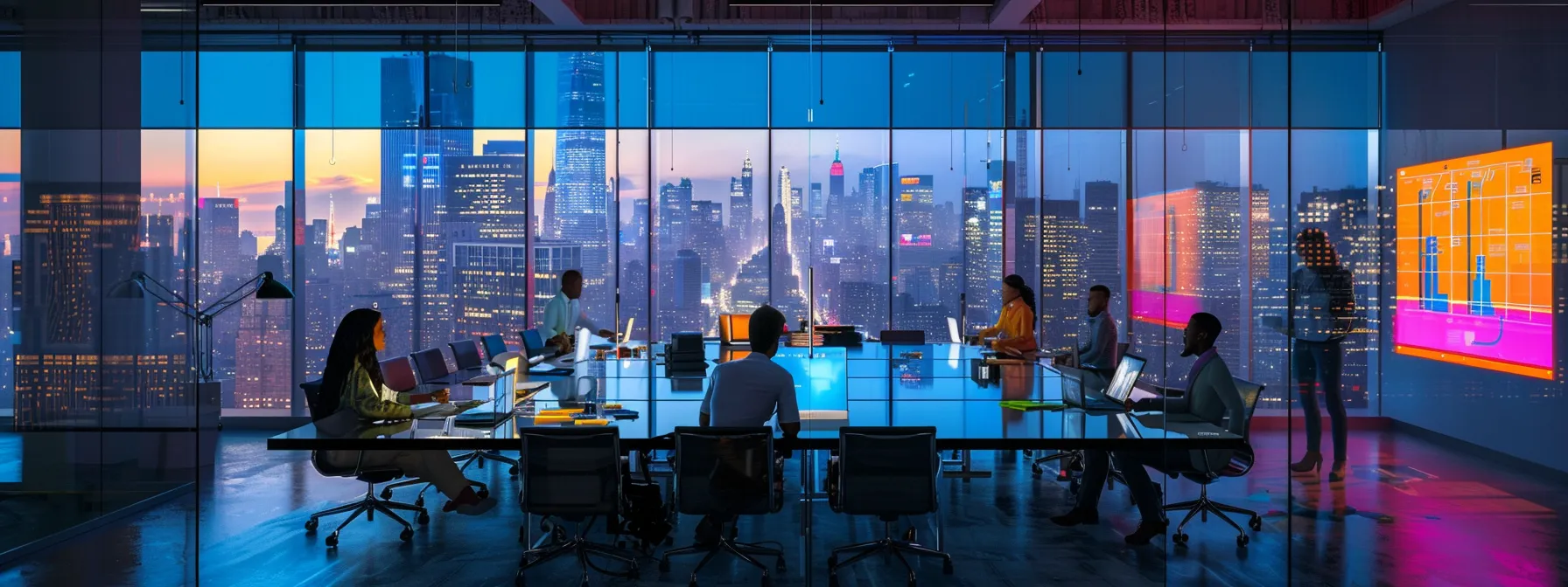 a sleek, modern office space is illuminated by vibrant, warm lighting, showcasing a collaborative team engaged in a dynamic brainstorming session around a large glass table strewn with colorful digital devices and innovative design sketches.