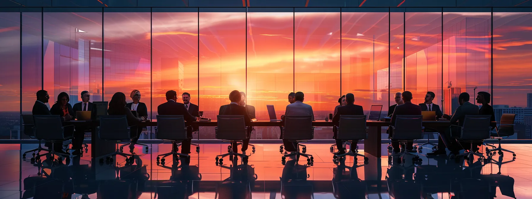 a sleek, modern office space features a vibrant, collaborative atmosphere with diverse professionals engaged in dynamic discussions around a large conference table, illuminated by striking overhead lighting that enhances the innovative vibe.