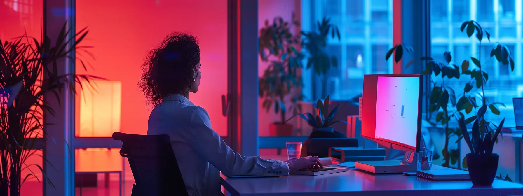 a sleek, modern office space is illuminated by ambient lighting, showcasing a confident professional engaged in a vibrant digital presentation on a high-tech monitor, emphasizing innovation and collaboration.