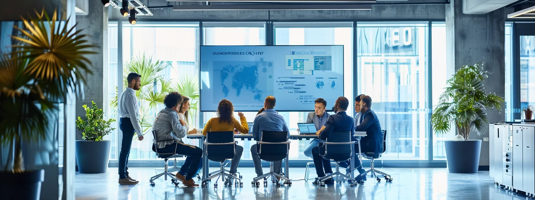 a sleek, modern office space bathed in cool blue tones showcases a diverse group of professionals engaged in a dynamic brainstorming session around a state-of-the-art digital whiteboard, emphasizing collaboration and innovation.