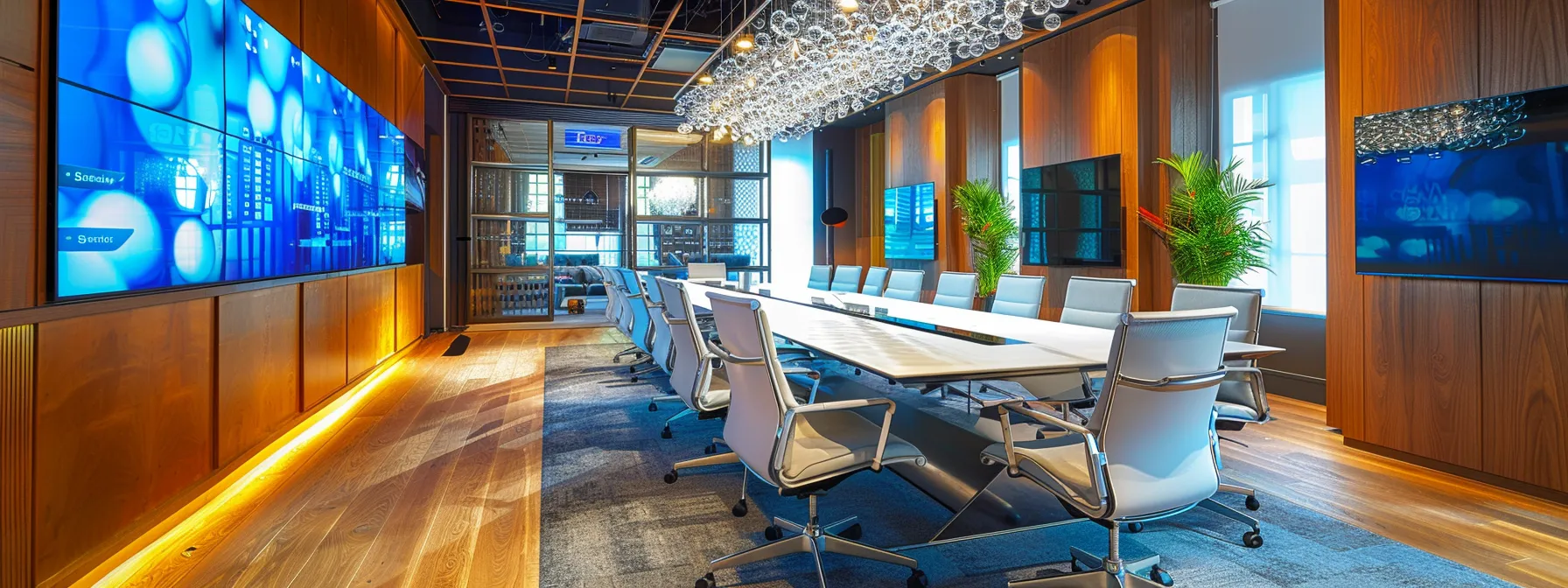 a sleek, modern office space features a large conference table surrounded by high-backed chairs, illuminated by an elegant chandelier, showcasing a collaborative atmosphere filled with digital screens and vibrant presentation materials.