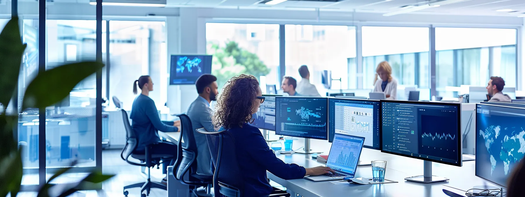 a sleek, modern office space filled with vibrant digital displays and bustling professionals engaged in dynamic collaboration.