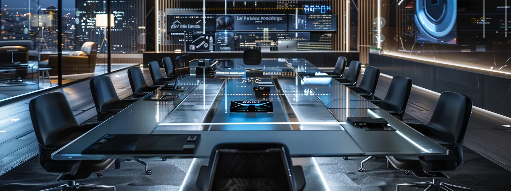 a sleek, modern office space featuring a polished glass conference table surrounded by ergonomic chairs, illuminated by dynamic led lighting that highlights the high-tech gadgets and digital displays lining the walls.