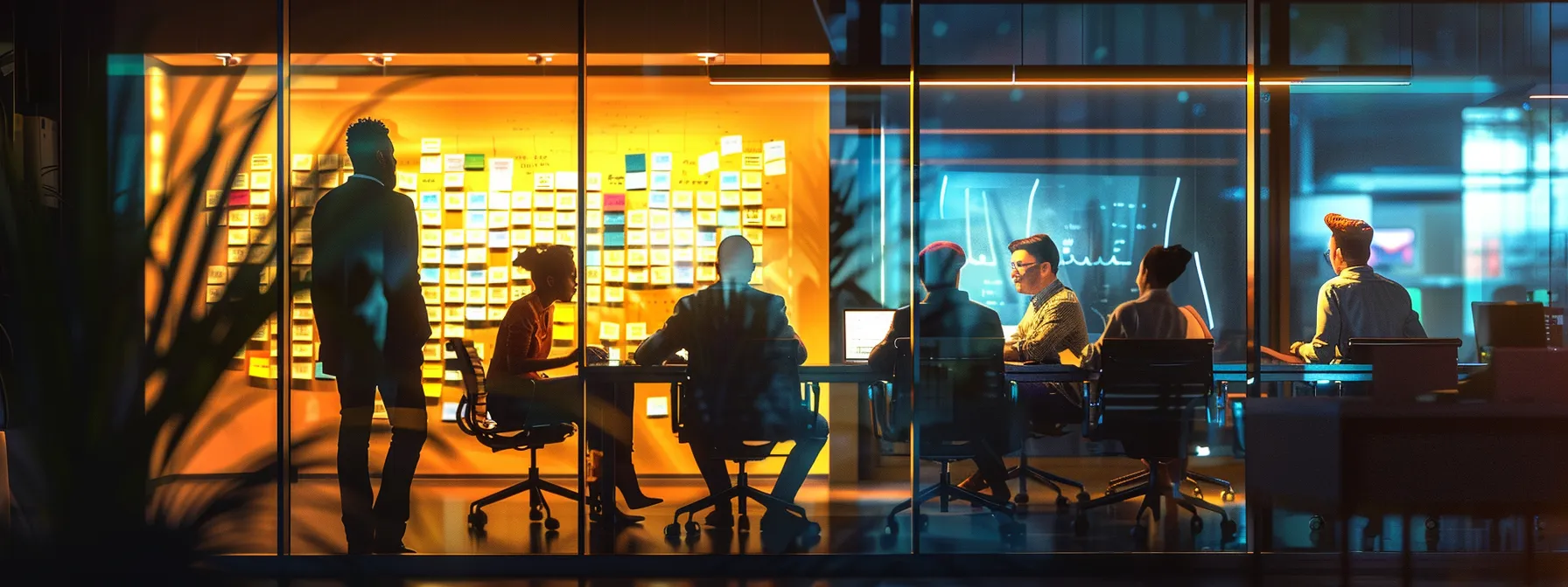 a sleek, modern office space showcases a dynamic brainstorming session, with vibrant sticky notes on a glass wall and a diverse group of professionals engaged in animated discussion around a polished conference table, illuminated by warm, ambient lighting.
