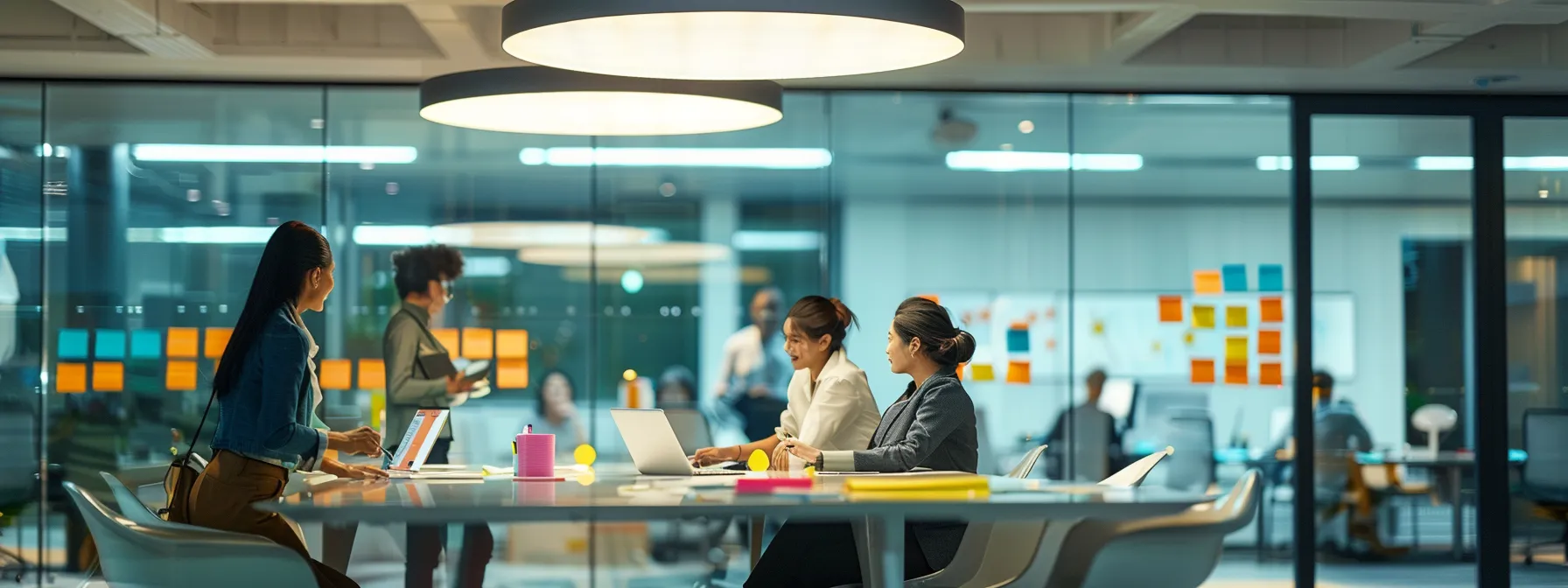 a sleek, modern office space features a glossy conference table illuminated by dynamic overhead lighting, where diverse professionals engage in a lively brainstorming session with digital devices and colorful post-it notes scattered around.