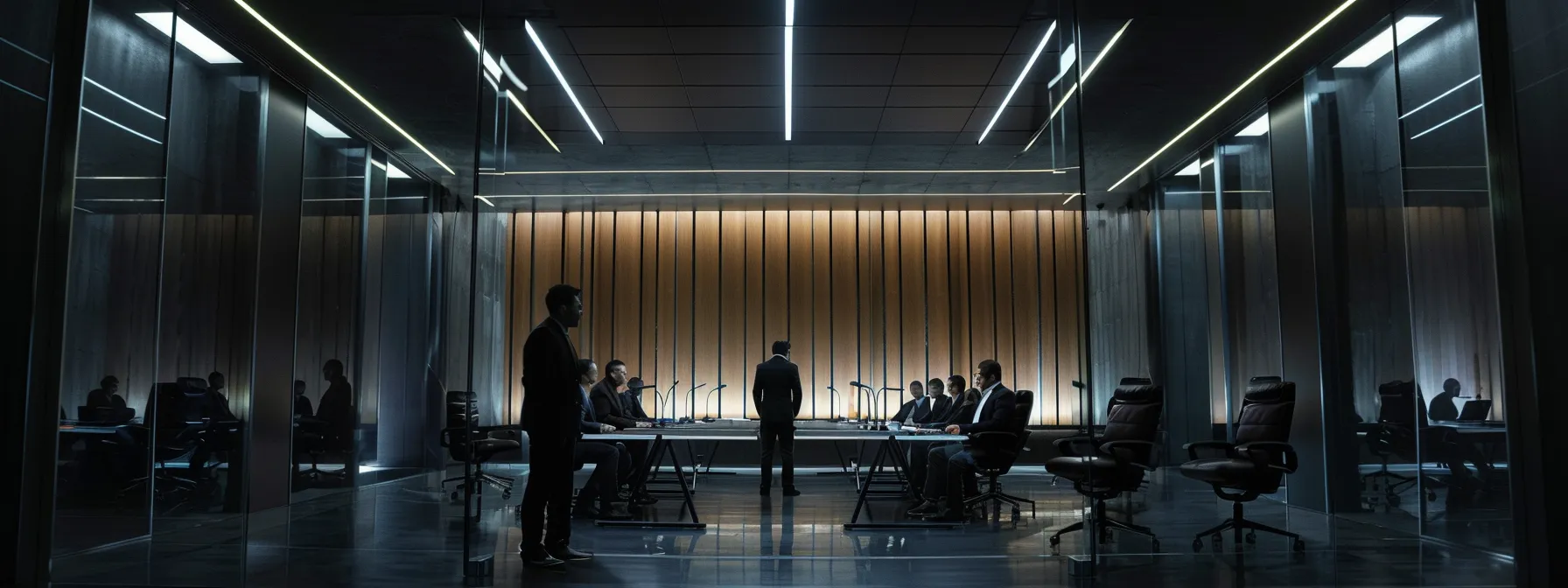 a sleek, modern office space features an imposing glass conference table at the center, illuminated by dramatic overhead lighting that highlights a focused group of professionals engaged in a dynamic brainstorming session.