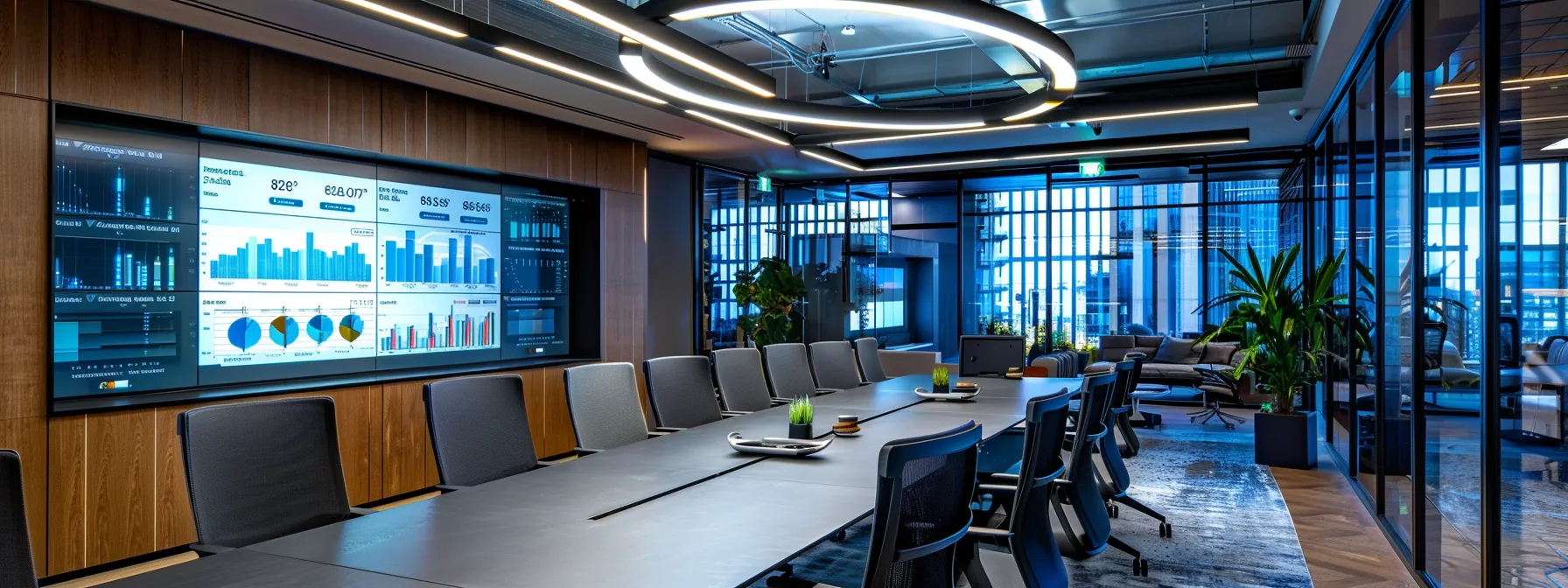 a sleek, modern office space showcases a futuristic conference room with a large digital screen displaying vibrant data visualizations, illuminated by striking overhead lighting that enhances the professional atmosphere.