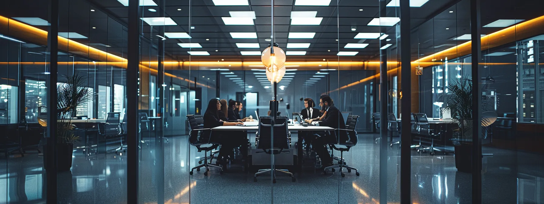 a sleek, modern office space filled with dynamic individuals engaged in animated discussions around a large conference table, illuminated by bright overhead lights reflecting off polished surfaces.