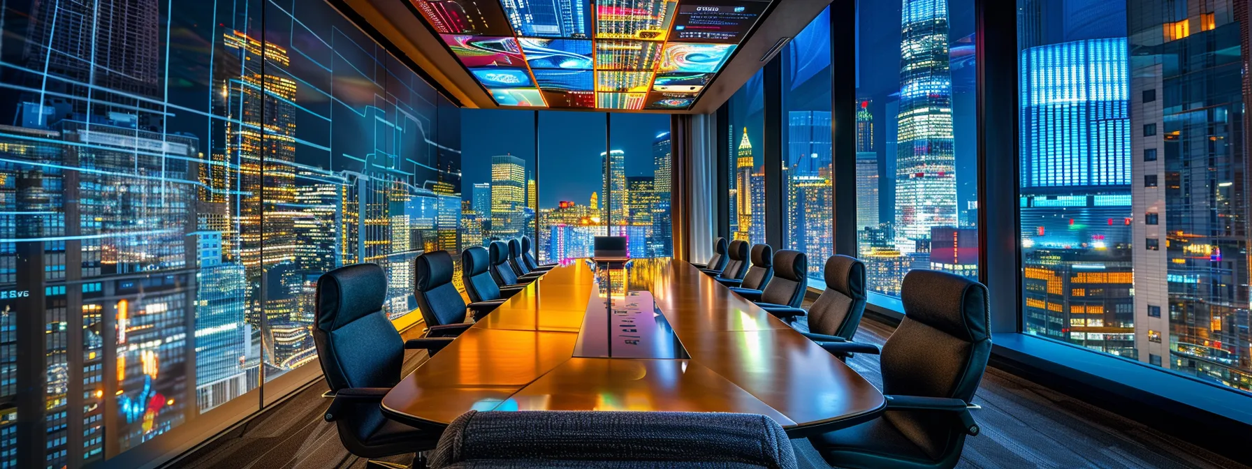 Secure Your Data With BitLocker Explained 9 a sleek, modern office with a panoramic city skyline view, featuring a contemporary conference table surrounded by high-back chairs and vibrant digital screens displaying engaging data visualizations.