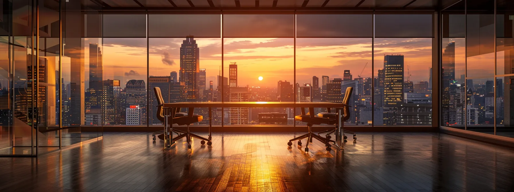 a sleek, modern office with an expansive glass window showcasing a bustling city skyline, illuminated by the warm glow of office lights reflecting the intense focus of professionals engaged in dynamic collaboration.