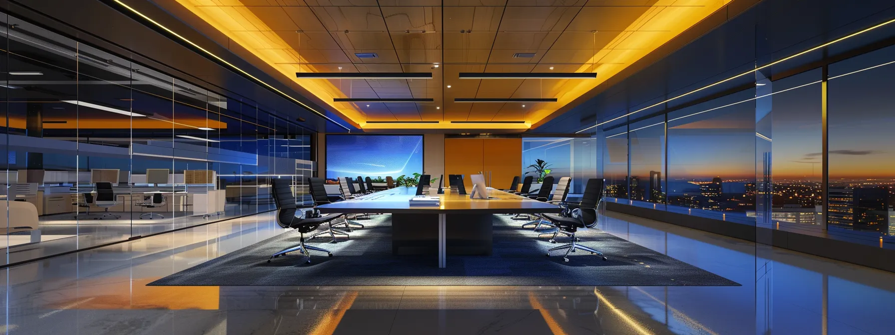 a sleek, modern office with dynamic ambient lighting showcases a team of diverse professionals engaged in an energetic brainstorming session around a glossy conference table, emphasizing collaboration and innovation in a fast-paced corporate environment.