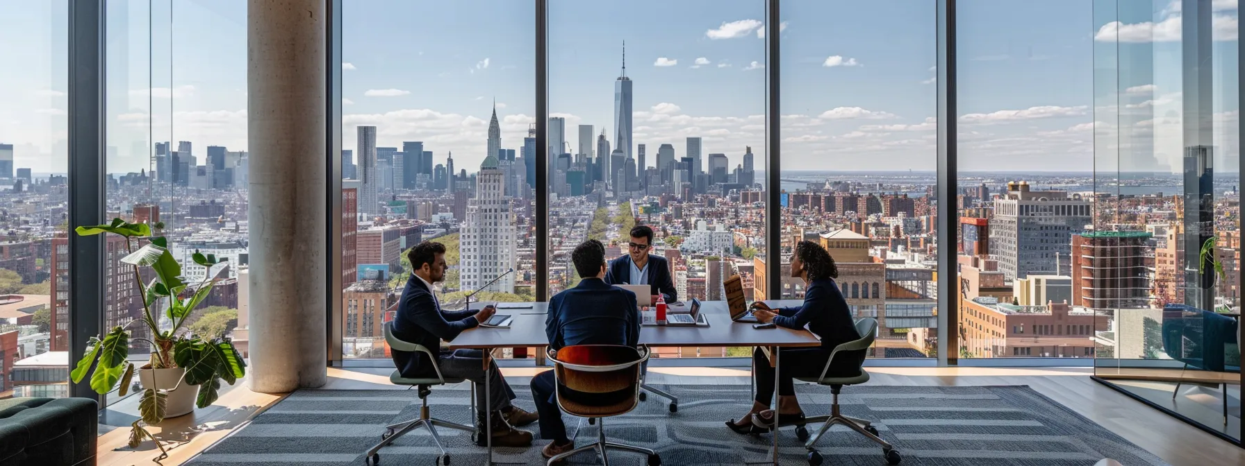 a sleek, modern office with large windows showcasing a city skyline, where a group of diverse professionals engage in a vibrant brainstorming session around a polished conference table.
