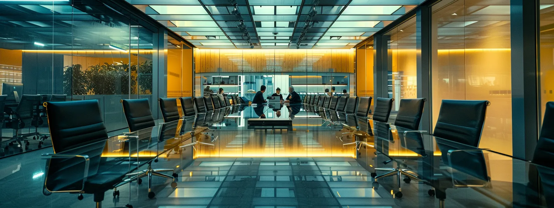 a sleek, modern office with a large glass conference table surrounded by high-backed chairs, illuminated by warm overhead lighting, showcasing a diverse group of professionals engaged in a dynamic brainstorming session.