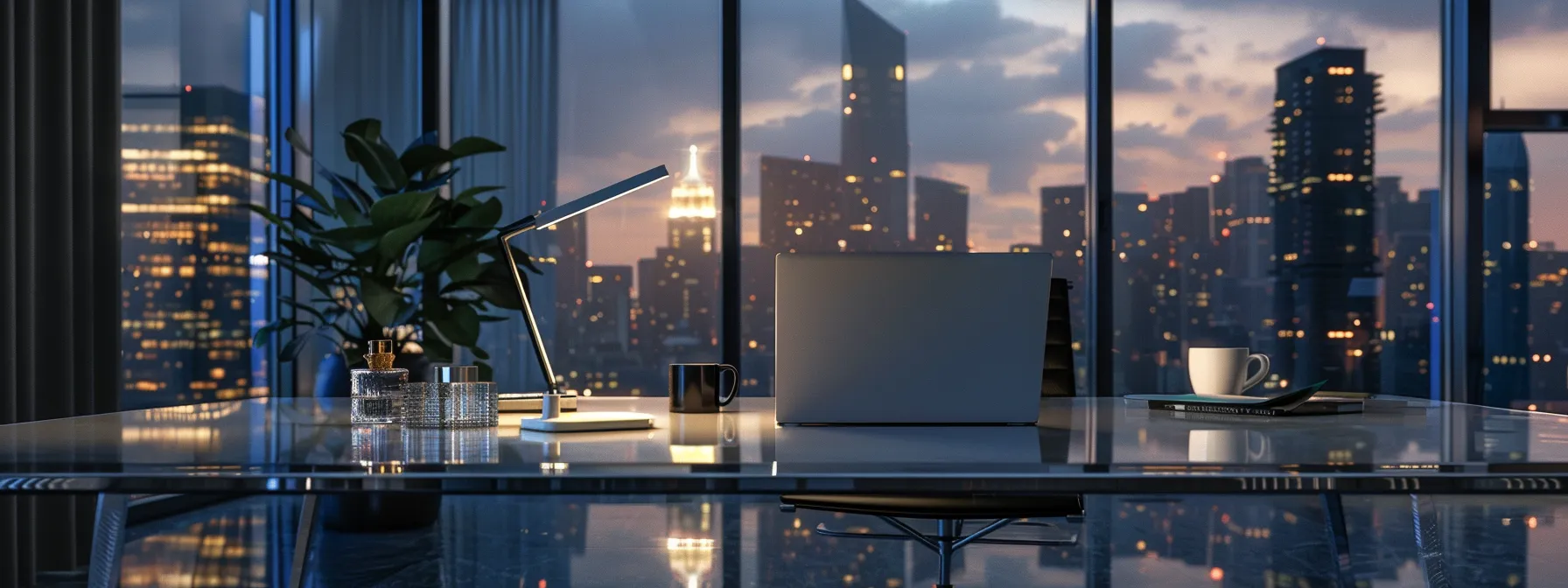 a sleek, modern office workspace features a polished glass desk with a high-tech laptop illuminated by a soft, ambient glow, surrounded by minimalist decor and large windows showcasing a vibrant city skyline.