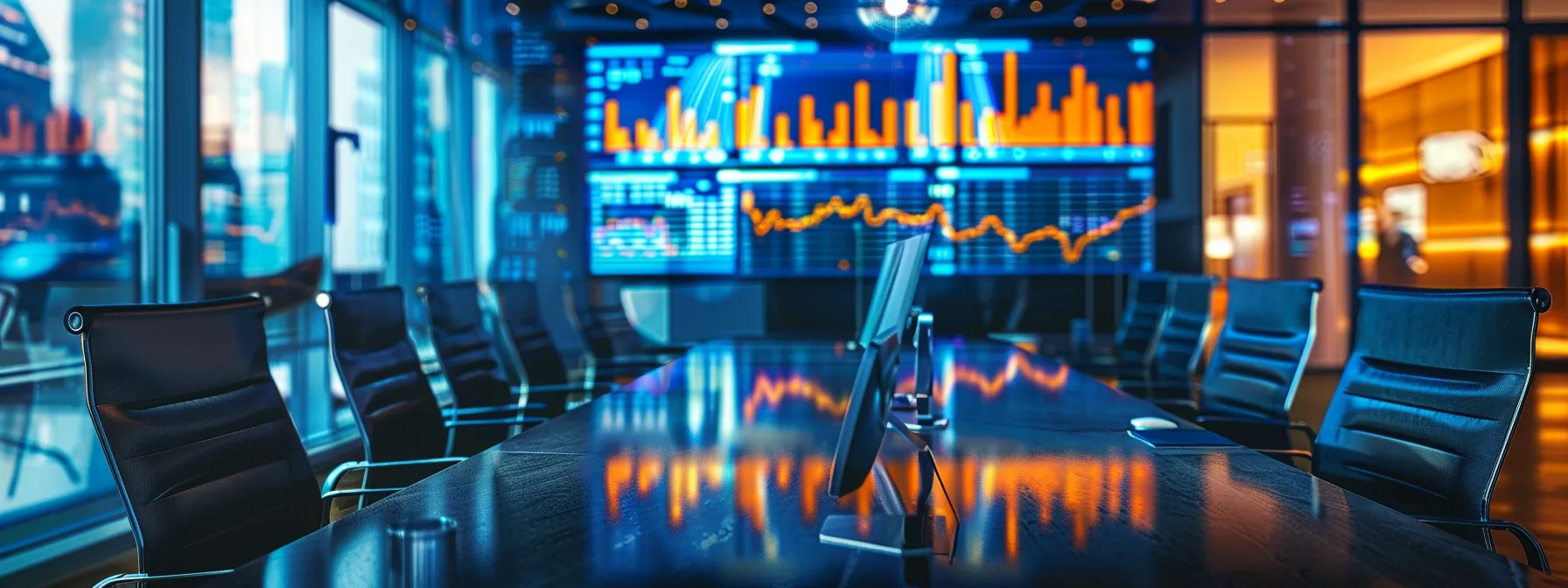 a sleek, modern office workspace features a large, polished conference table surrounded by elegantly designed chairs, illuminated by warm overhead lighting that casts a cozy glow on a large digital presentation screen displaying impactful data visuals.