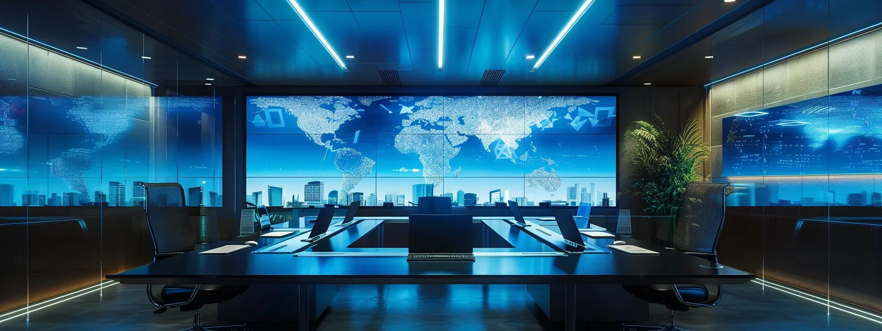 a sleek, modern office workspace features a polished conference table illuminated by dynamic overhead lighting, showcasing a high-tech laptop and vibrant digital presentations on sleek screens, emphasizing innovation and collaboration.