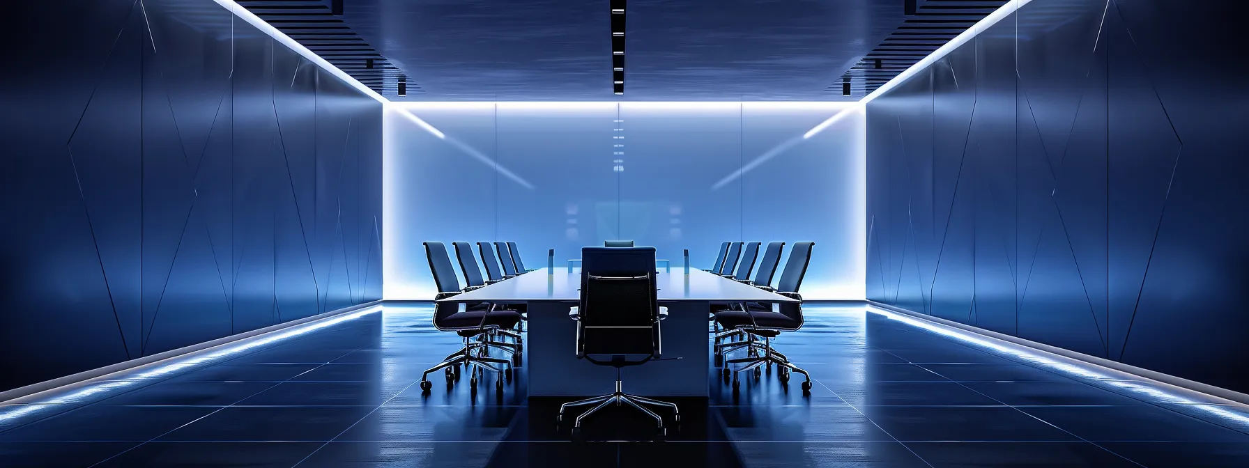 a sleek, modern office workspace features a polished conference table surrounded by contemporary chairs, illuminated by ambient lighting, emphasizing an atmosphere of collaboration and innovation.
