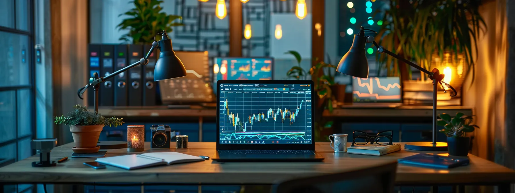 a sleek, modern office workspace is illuminated by warm, ambient lighting, showcasing an open laptop on a minimalist desk, surrounded by high-tech gadgets and vibrant charts displayed on a large screen, embodying a dynamic environment of innovation and productivity.