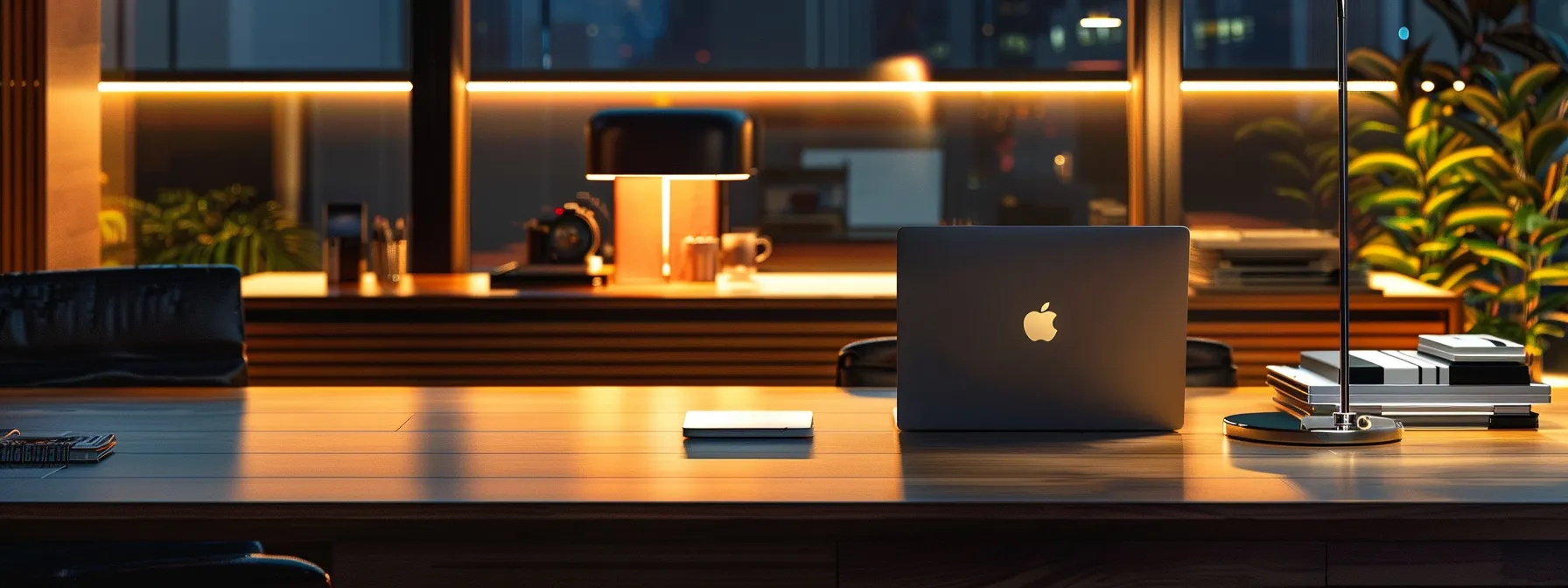 What Is Business Sustainability and Its Importance? 13 a sleek, modern office workspace is illuminated by warm, ambient lighting, showcasing a polished wooden desk neatly arranged with high-tech gadgets and an open laptop, reflecting a vibrant atmosphere of productivity and innovation.