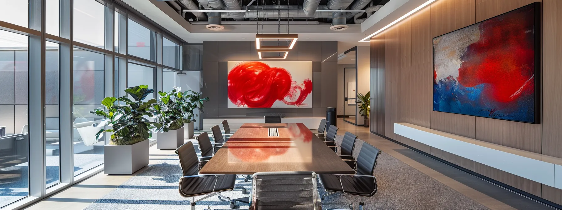 a sleek, modern office workspace with minimalist design, featuring a polished conference table highlighted by dramatic overhead lighting, and vibrant, abstract art adorning the walls, creating a dynamic atmosphere for innovative collaboration.