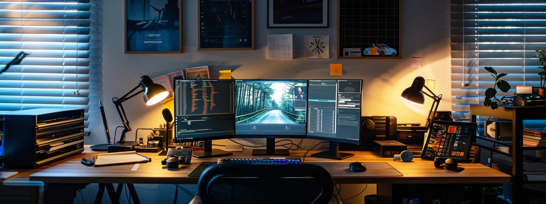 a sleek, modern office workspace featuring an organized desk with cutting-edge technology, illuminated by sharp, overhead lighting, embodying an atmosphere of productivity and innovation.