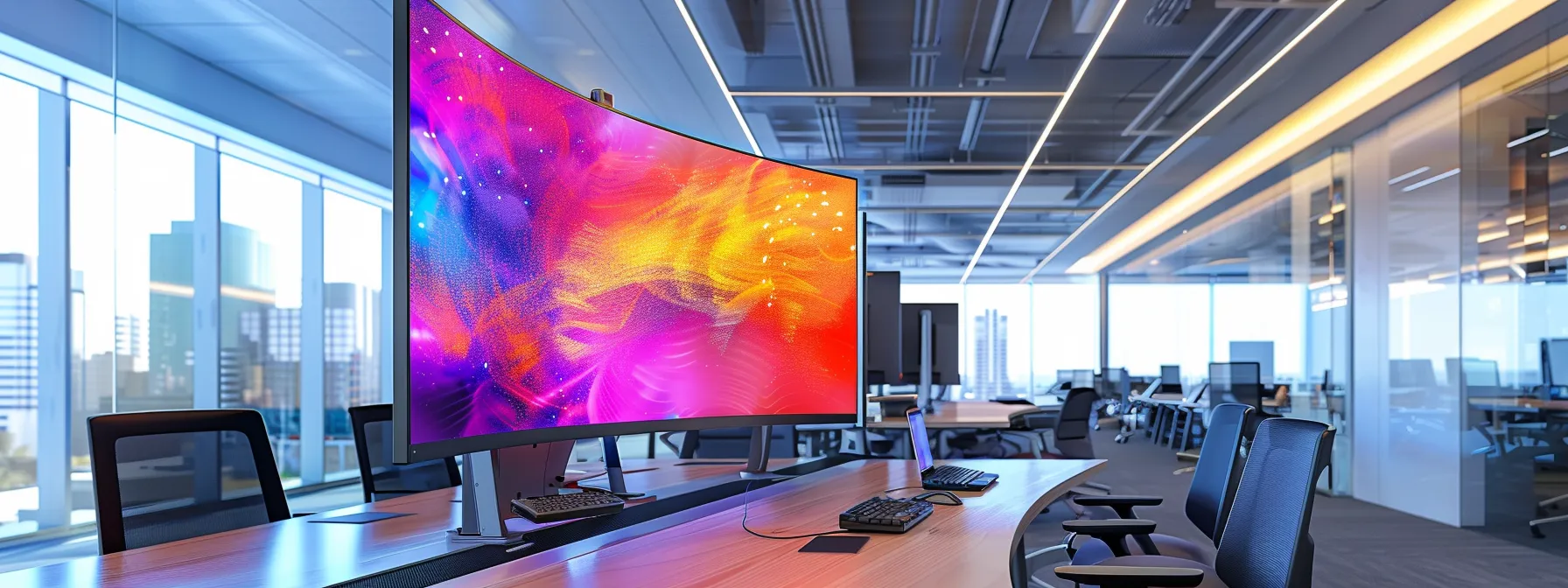 a sleek, modern office workspace showcases a vibrant, high-tech monitor displaying complex data visuals, illuminated by dynamic led lighting, emphasizing innovation and productivity in a corporate environment.