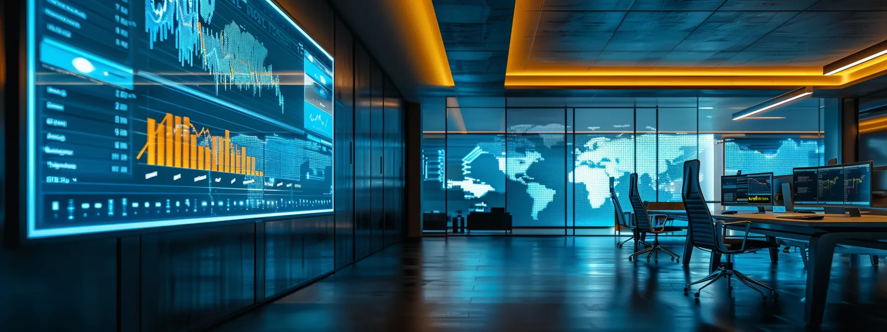 a sleek, modern office workspace illuminated by dynamic artificial lighting features a large, interactive screen displaying vibrant graphs and data analytics, symbolizing the pulse of innovative technology and collaboration.