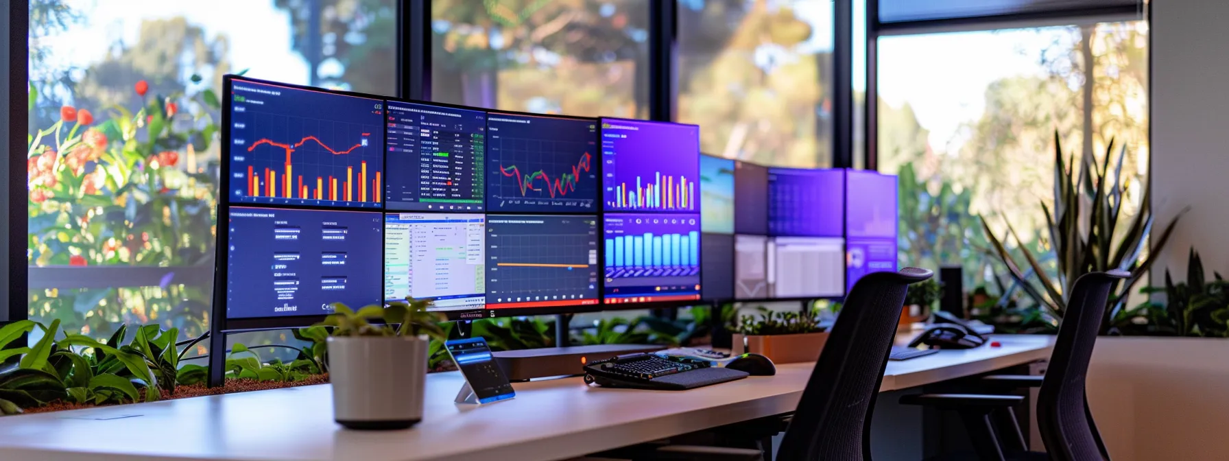 a sleek, modern office workstation with multiple screens displaying vibrant data visualizations, illuminated by cool, overhead led lighting, exuding an atmosphere of innovation and productivity.