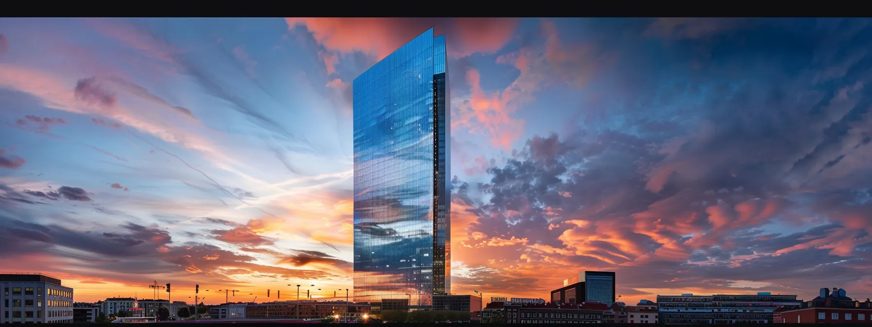 a vibrant city skyline at sunset showcases a modern glass skyscraper, reflecting hues of orange and pink against a backdrop of darkening blue skies, embodying the pulse of urban innovation.