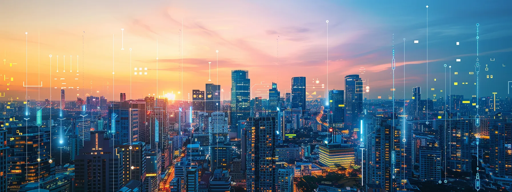 a vibrant city skyline at dusk, symbolizing growth and expansion, with dynamic arrows and abstract technology motifs interwoven, representing diverse strategies for msp business development.