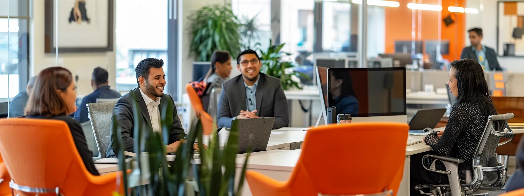 a vibrant office environment showcases professionals engaging in meaningful conversations, with a backdrop of a welcoming help desk, highlighting the importance of strong client relationships and effective communication.