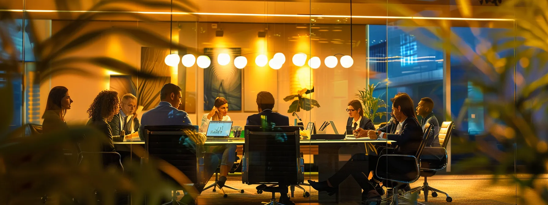 a vibrant office scene filled with diverse professionals engaged in dynamic brainstorming around a sleek glass conference table, illuminated by modern lighting, emphasizing collaboration and innovation.
